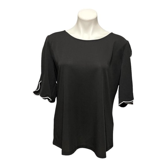 Calvin Klein Black Split Sleeve White Trim Scoop Neck Blouse - Picture 2 of 8